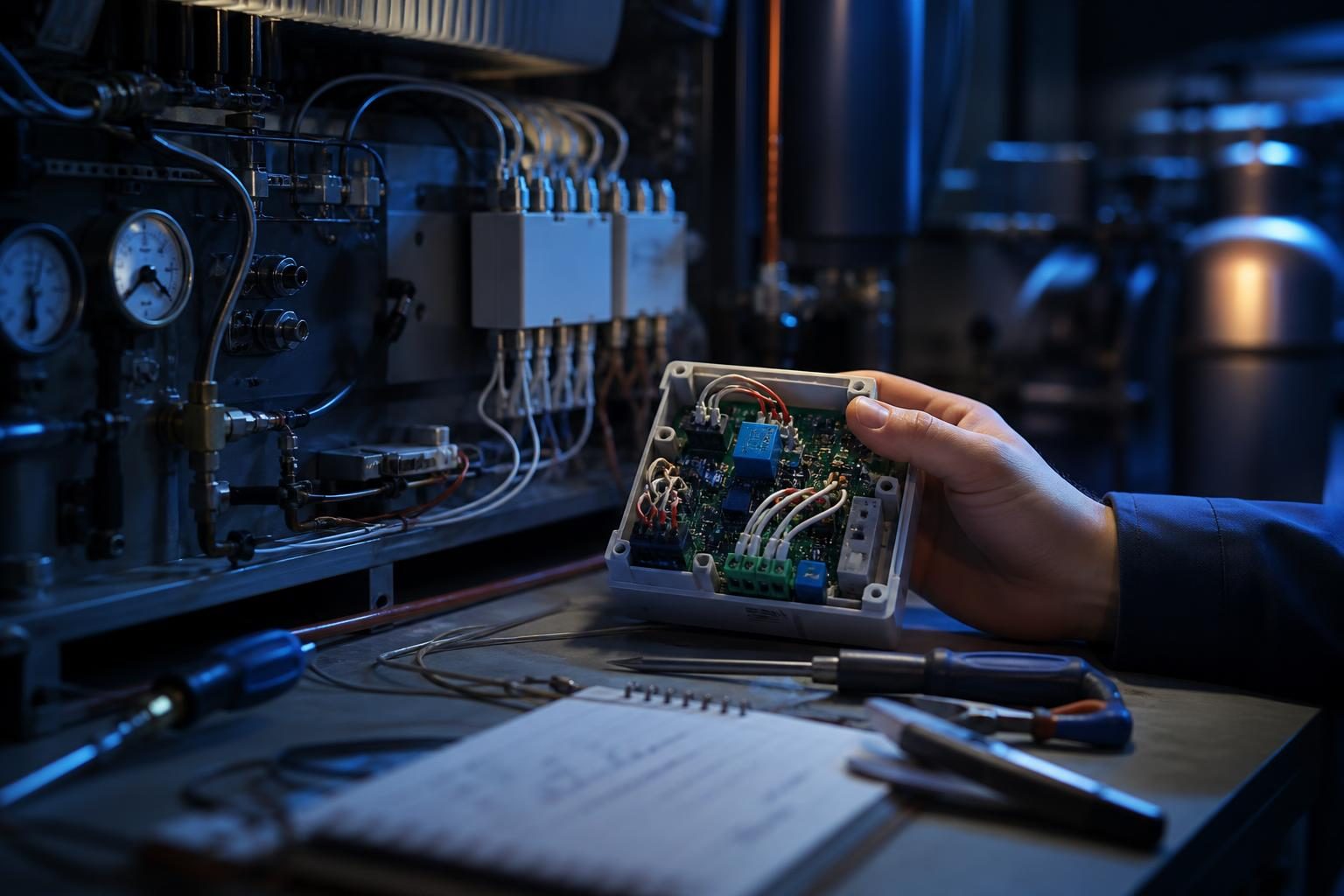 Nahaufnahme eines Heizungsregelgeräts mit angeschlossenen Sensoren und einer geöffneten Elektronikkomponente auf einer Werkbank.