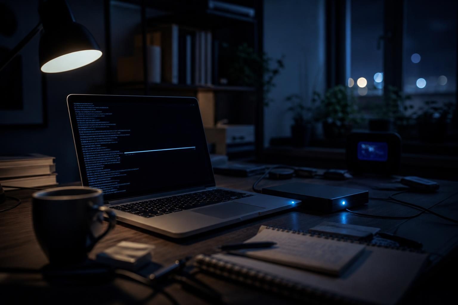 Arbeitsplatz mit Laptop, externer Festplatte und digitaler Uhr, die die nächtliche Backup-Zeit zeigt.