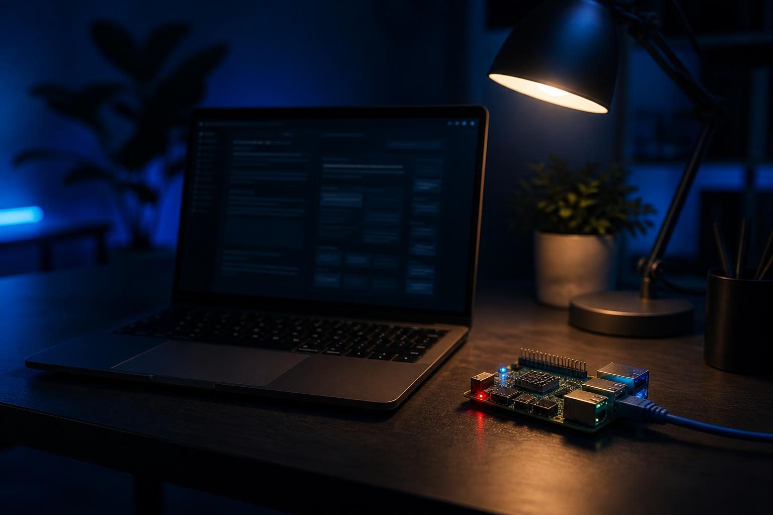 Ein aufgeräumter Schreibtisch mit einem Laptop, der eine dunkel gestaltete Webseite zeigt, daneben ein kleiner Einplatinencomputer mit blinkenden LEDs und angeschlossenem Ethernet-Kabel.