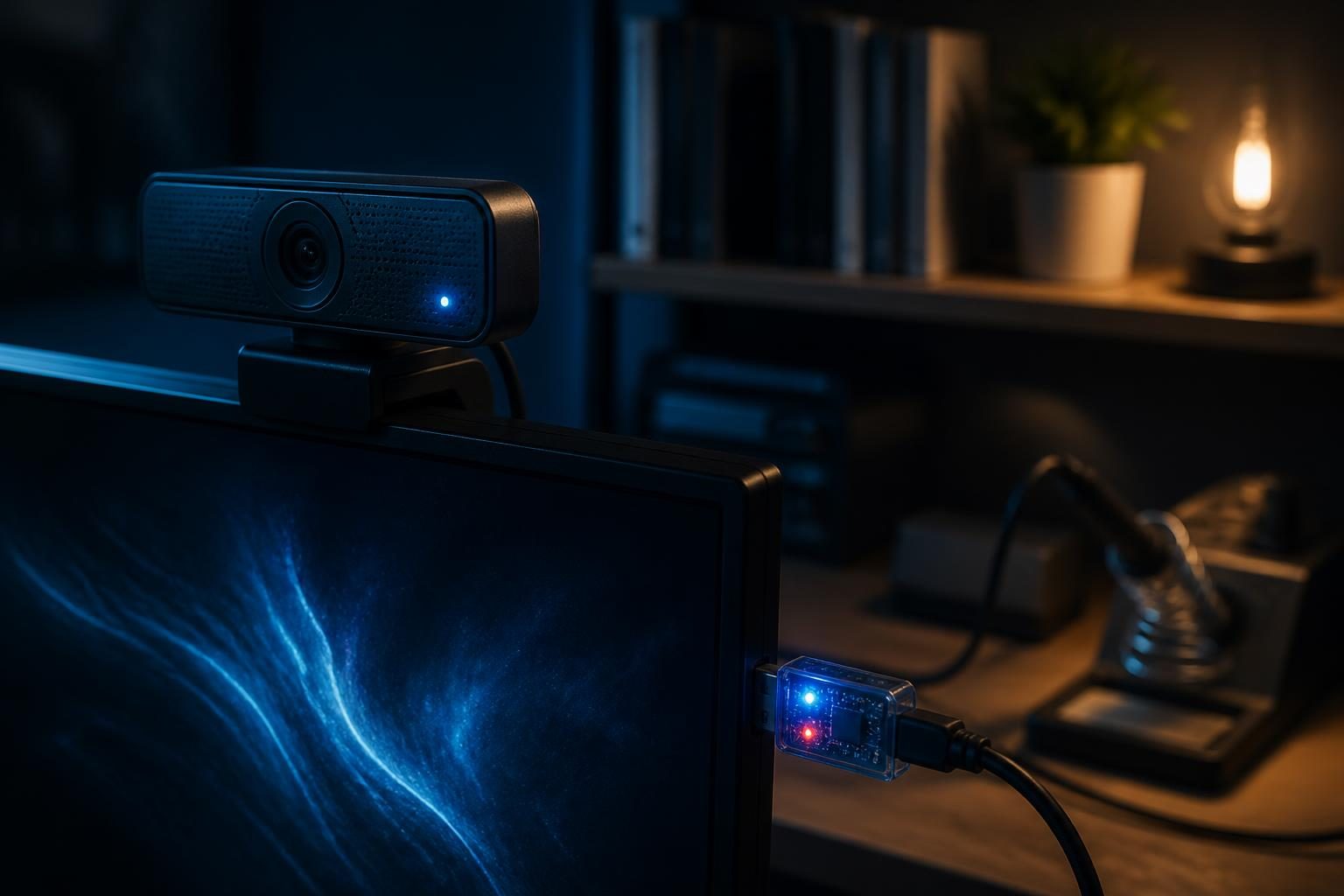 Nahaufnahme einer aktiven Webcam auf einem Monitor in einem aufgeräumten Heimbüro mit angeschlossenem USB-Diagnosegerät und technischer Werkbank im Hintergrund.