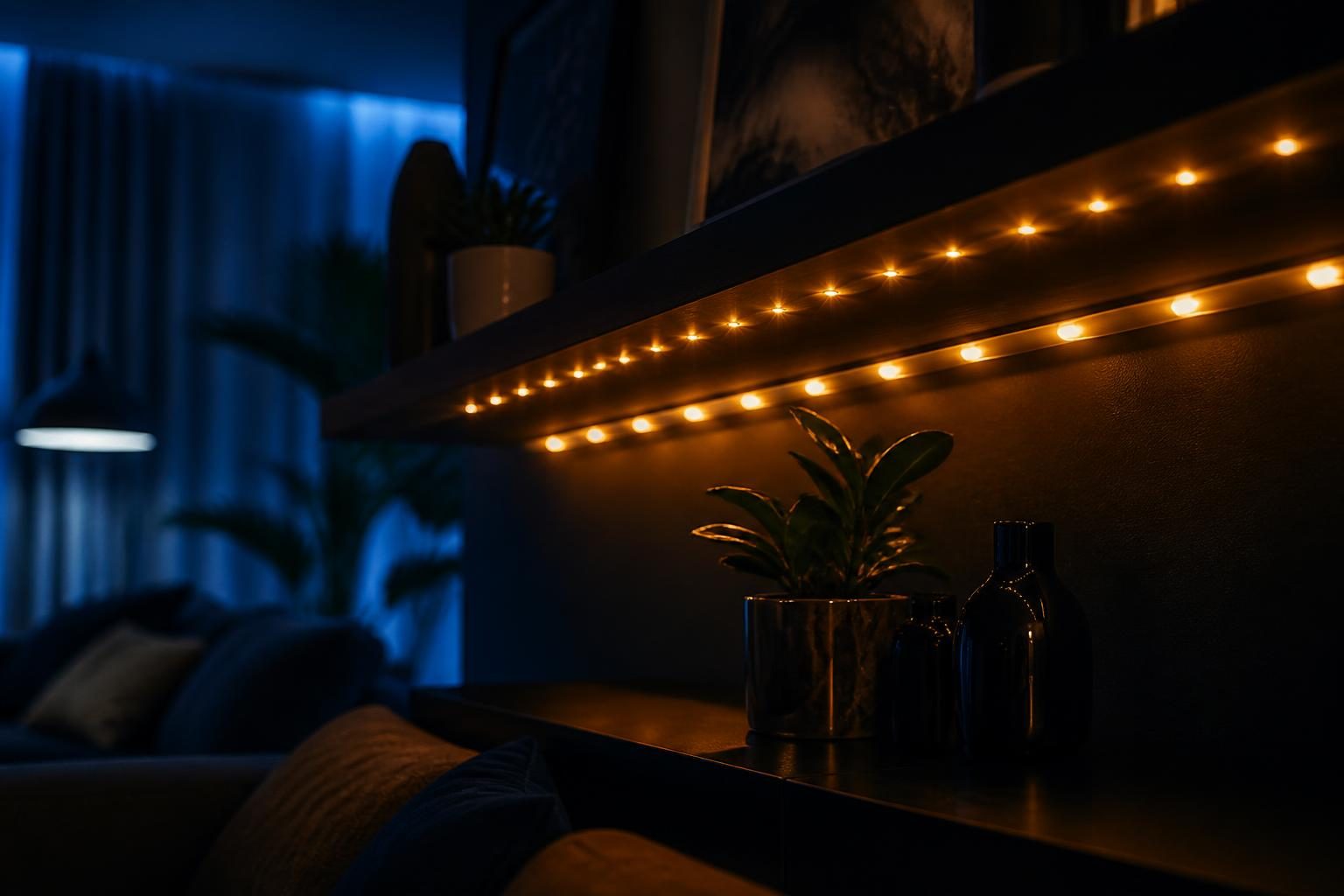 Zwei nebeneinander an einer Wand montierte LED-Streifen, deren warm orange leuchtende Paare von LEDs durch dunkle Lücken getrennt sind, erzeugen einen Fackel-Effekt im Wohnzimmer.