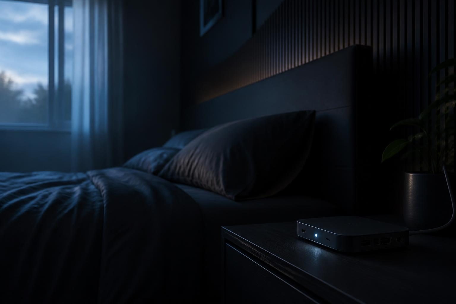 Ein Schlafzimmer bei Morgendämmerung mit einem ausgeschalteten LED-Lichtstreifen hinter dem Kopfteil und einem kleinen smarten LED-Controller auf dem Nachttisch.